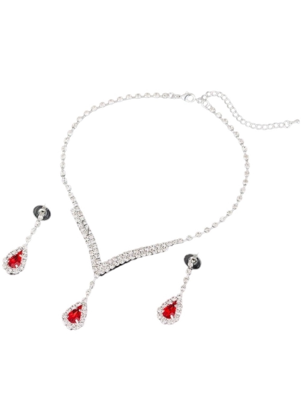 Luxury Silver Necklace and Earrings Set  Red Teardrop Crystals FINAL PRICE DROP